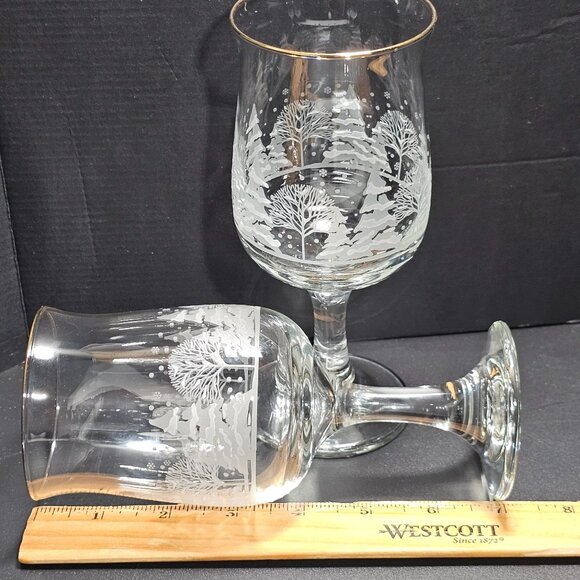 2 Lynns China Pines Water Goblets 7" gold winter scene white silhouette trees ho - Picture 5 of 7